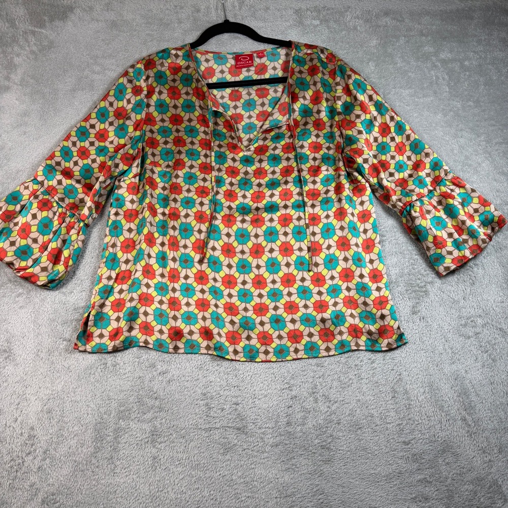 Oscar de la Renta Silk Blouse Women 8 Multicolor Geometric Bell Sleeve Boho